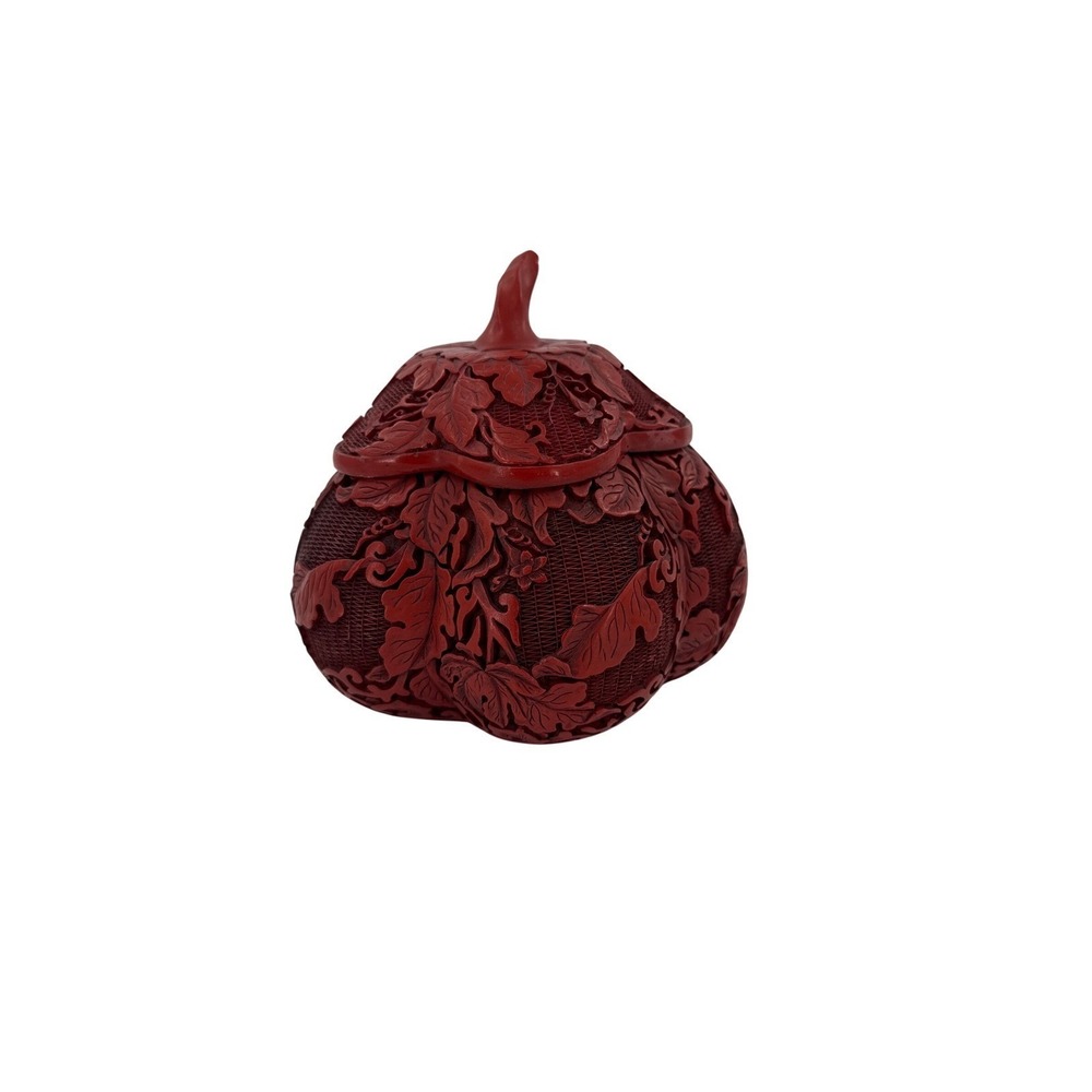 Red Carved Cinnabar Pumpkin Lidded Trinket Box Ornate Floral Design‎ Vintage